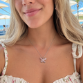 Gümüş Rengi Pembe Kristal Kelebek Çelik Kolye