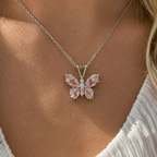 Gümüş Rengi Pembe Kristal Kelebek Çelik Kolye
