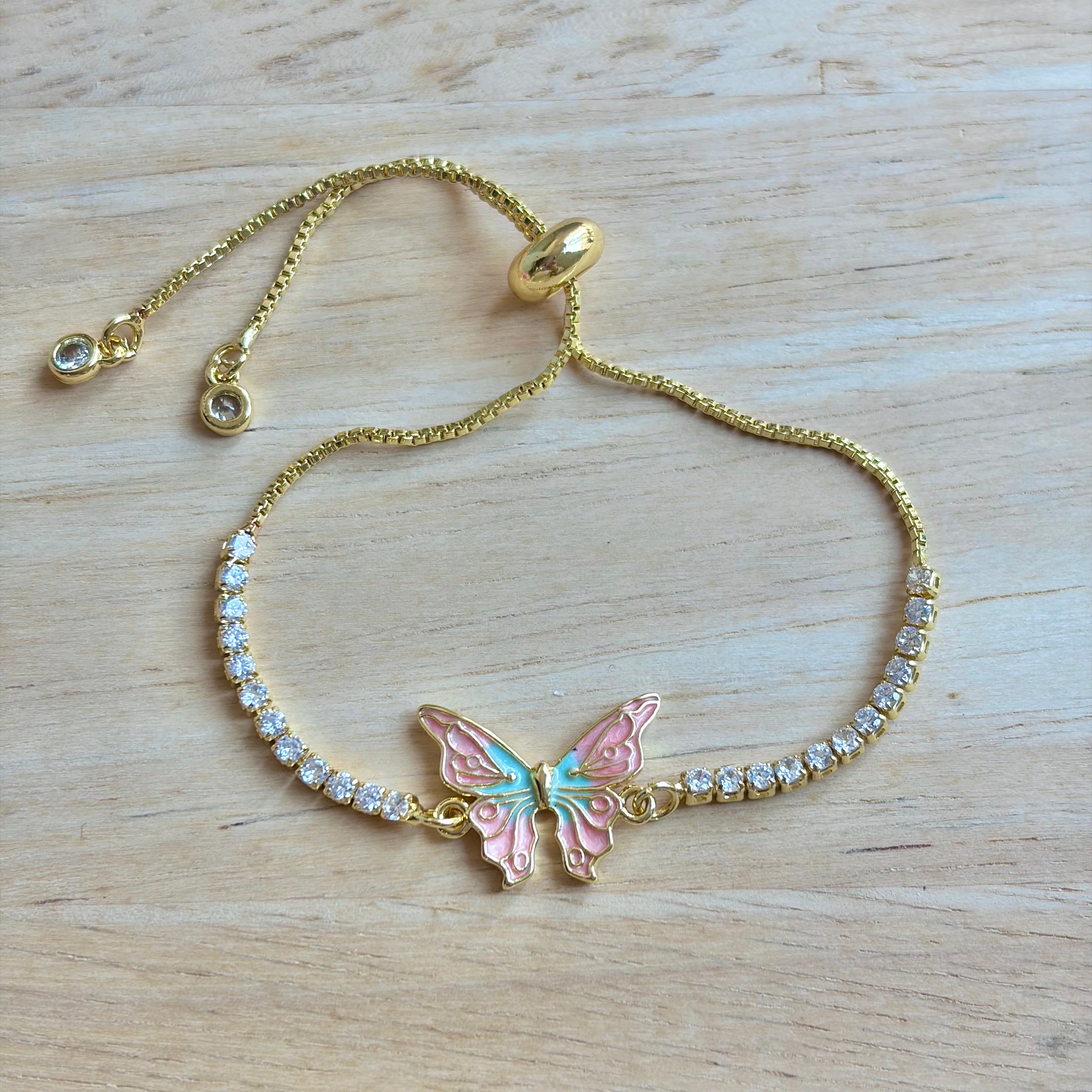 Altın Rengi Pembe Mineli Kelebek VIP Pinterest Bileklik
